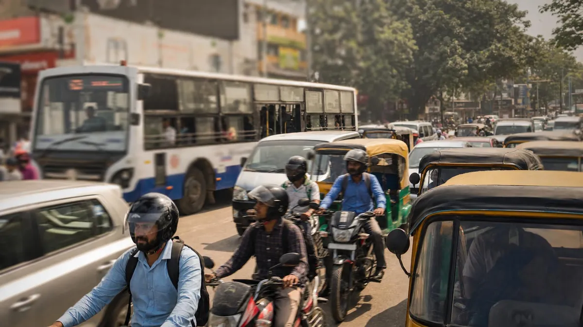 A busy Bengaluru traffic junction with dense honking traffic during the day