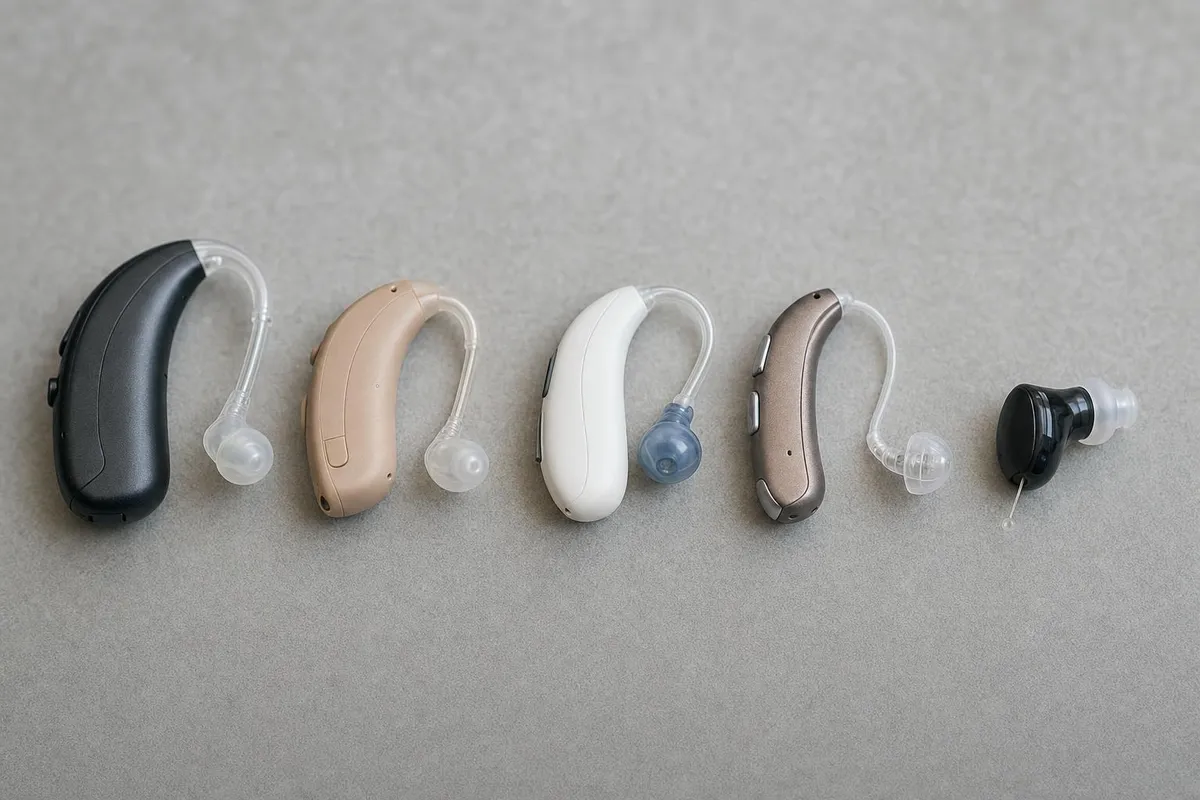 Hearing aids from several international brands shown together