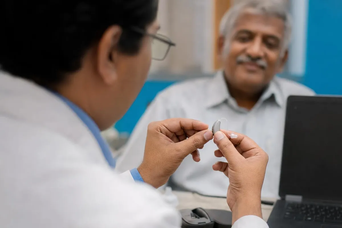 Audiologist fitting a digital hearing aid to a patient at the clinic