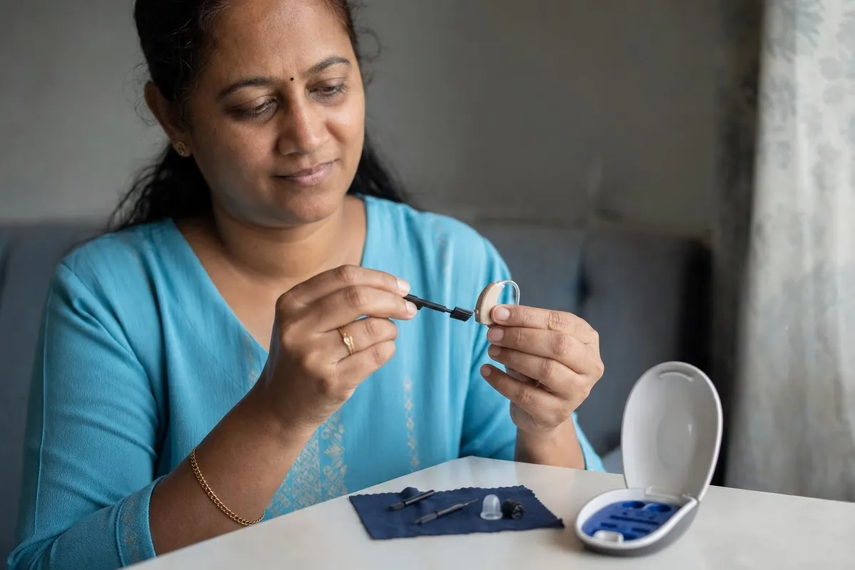 Hands cleaning a hearing aid with a care-kit brush