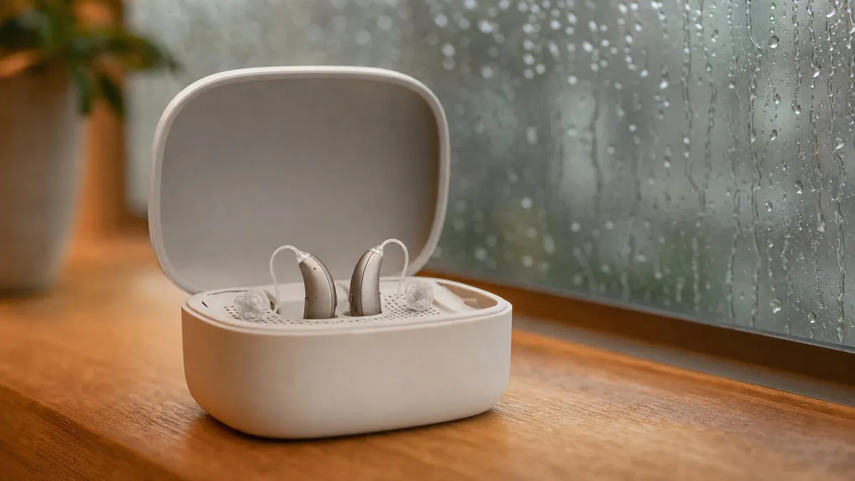 Hearing aids drying in an electronic dehumidifier box with monsoon rain on the window behind
