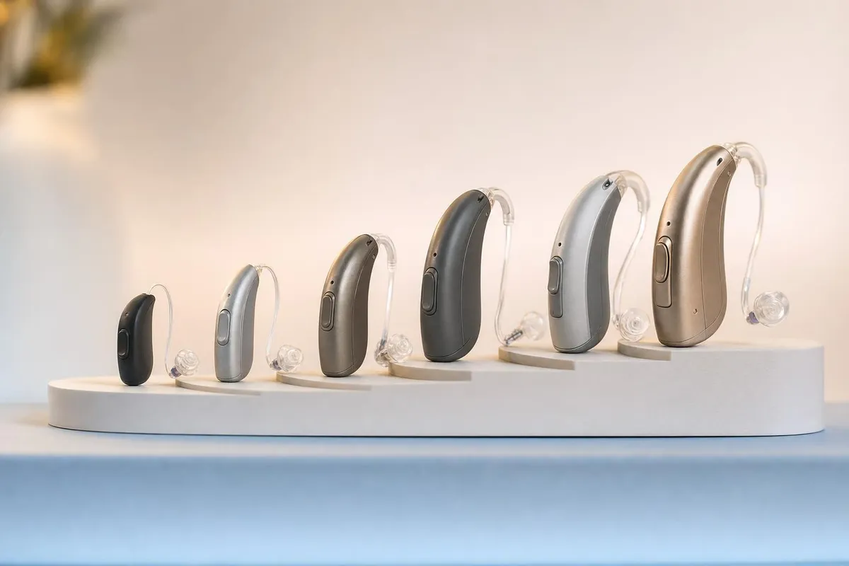 A range of hearing aid models displayed at different price tiers