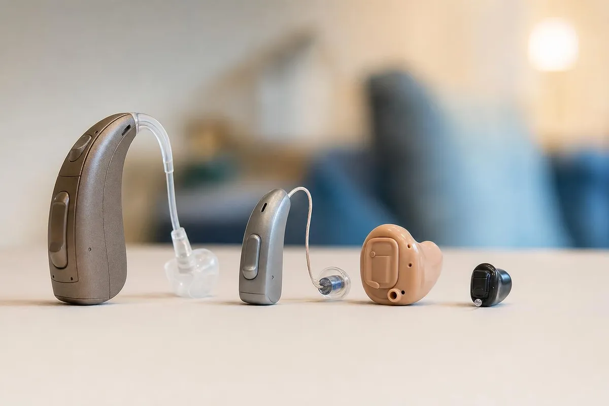 Different hearing aid styles side by side: RIC, BTE, CIC and invisible