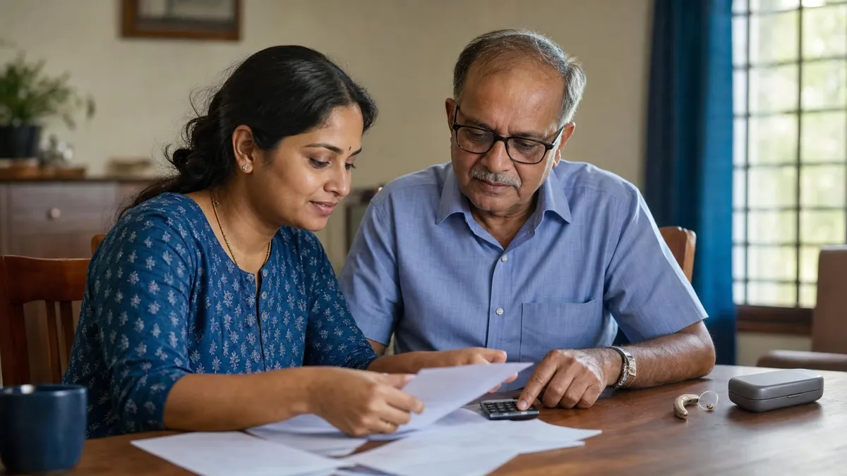 A South Indian family reviewing hearing-aid costs and paperwork together at home