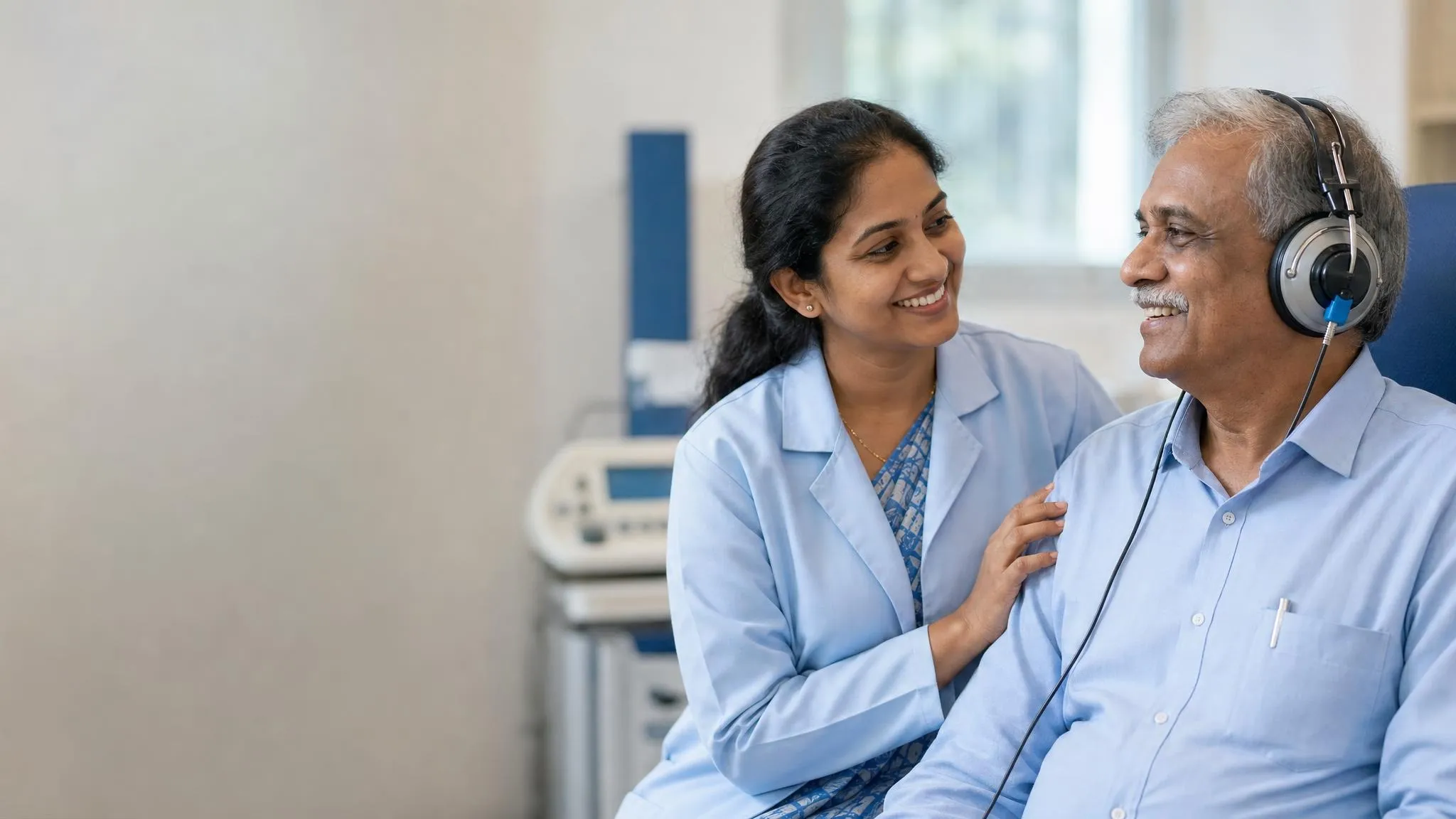 Audiologist warmly conducting a hearing test on a smiling older patient at a Let's Hear clinic