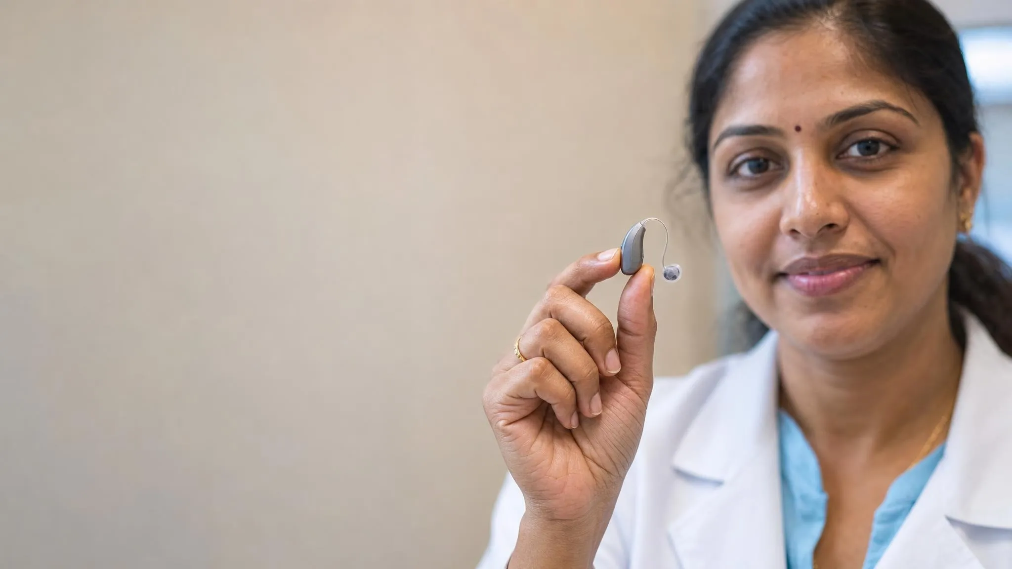 Close-up of a modern slim hearing aid held by an audiologist