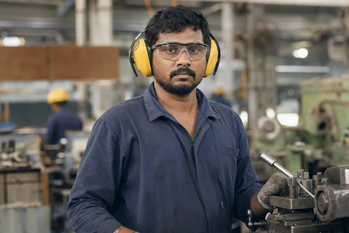 Industrial worker wearing hearing protection on a noisy factory floor