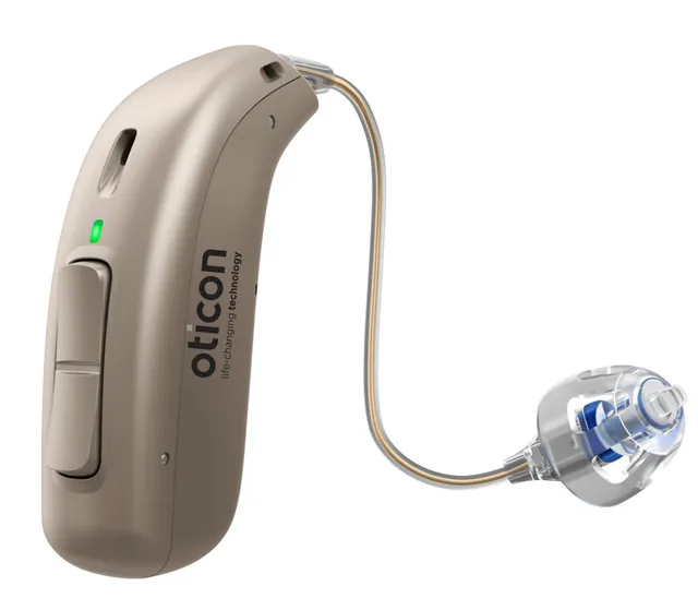 Oticon Ruby RIC hearing aid, shown on a white background