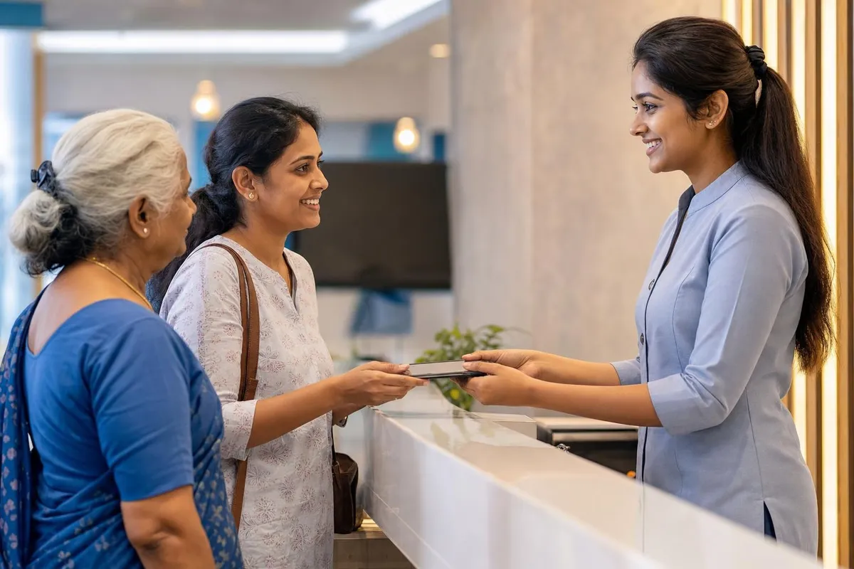 Patient arriving at a Let's Hear clinic reception for a hearing test