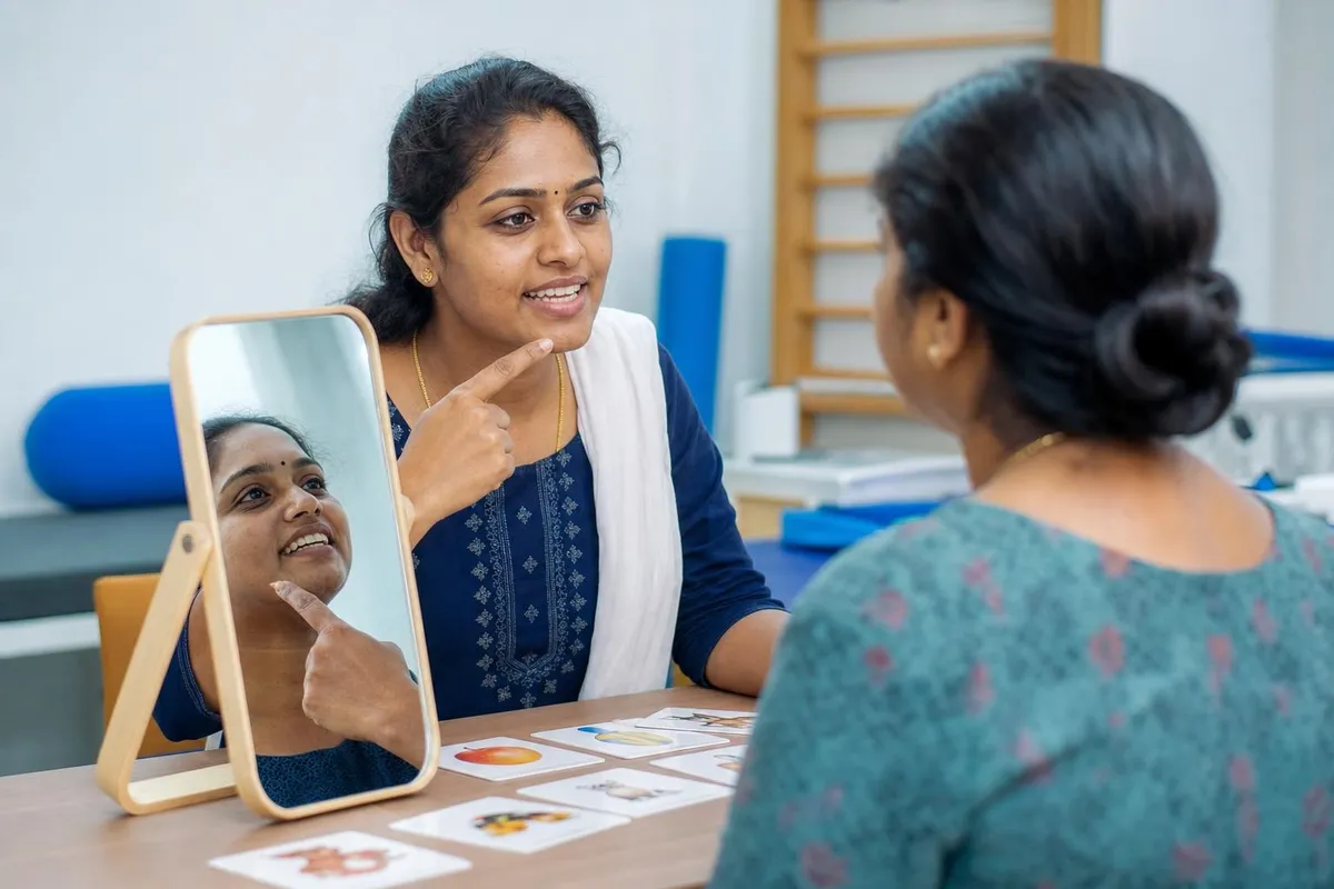 Speech therapy session in progress with a speech-language pathologist