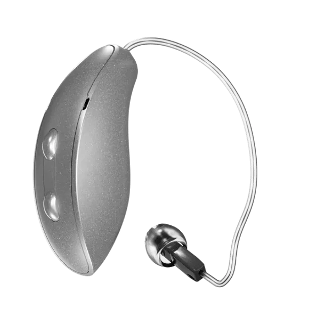 Starkey Genesis AI RIC hearing aid, shown on a white background