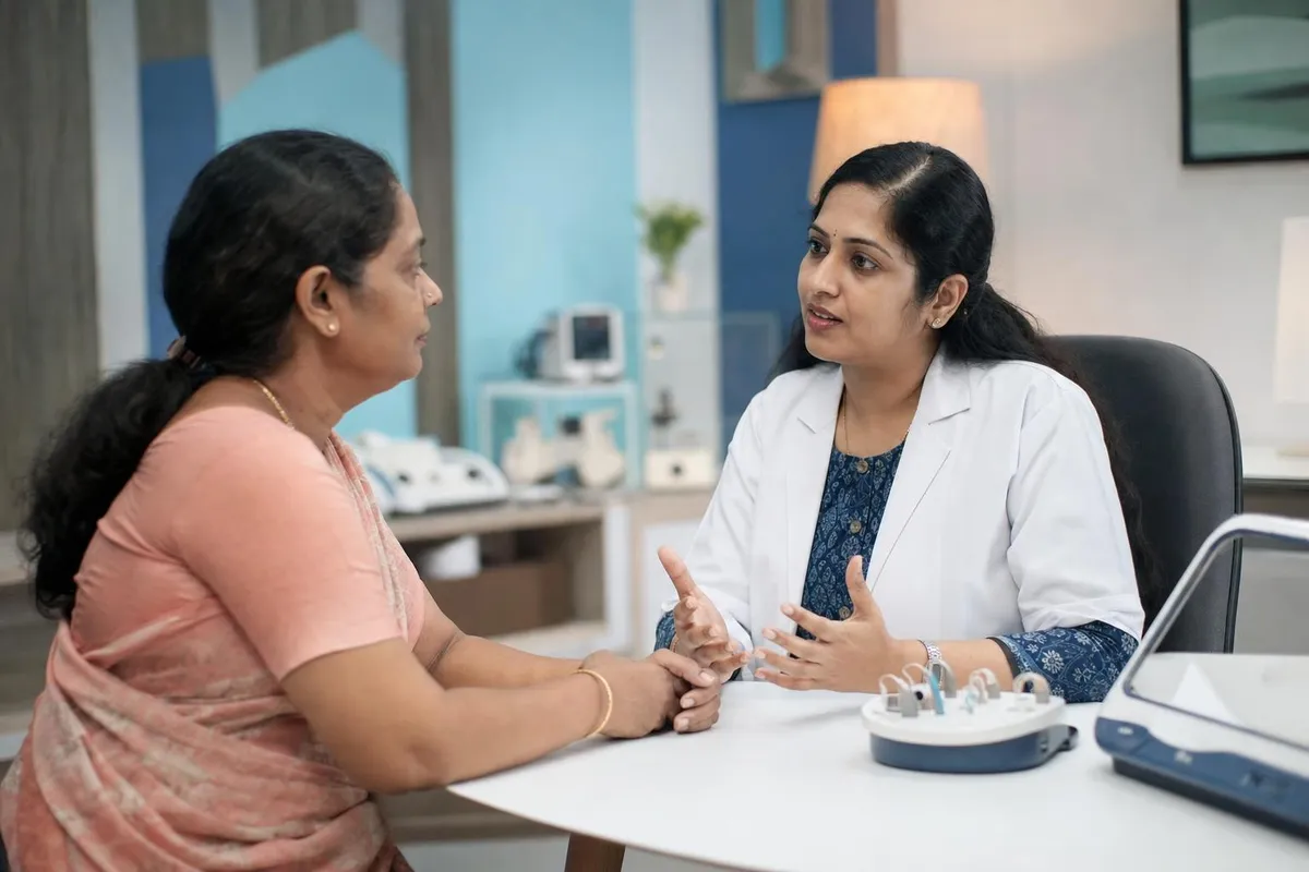 Audiologist counselling a patient about tinnitus management