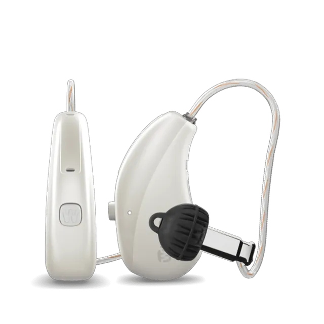 Widex Moment Sheer RIC hearing aid, shown on a white background